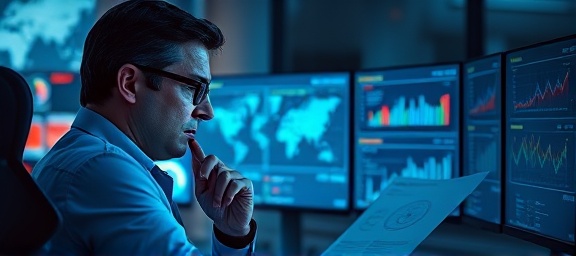 insightful marketing analytics, pensive expression, reviewing reports, photorealistic, a sophisticated analyst center with multiple monitors, highly detailed, complex data visualizations on screens, clarity, cool blue tones, soft diffused lighting, shot with a 28mm lens.