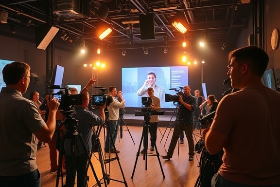 dynamic creacin multimedia, enthusiastic, filming, photorealistic, in a bustling studio with cameras and lights set up, highly detailed, crew setting up scenes and recording, lively, bright studio lighting, shot with a 24-70mm zoom lens.