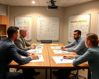 efficient marketing strategy, focused expression, strategizing, photorealistic, a board room with a large table and whiteboards filled with diagrams, highly detailed, team members writing and pointing, depth of field, earth tones, warm overhead lighting, shot with a 35mm lens.
