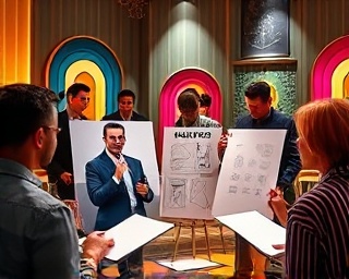 insightful digital advertising moment, a team leader with an inspiring expression, leading a creative session, photorealistic, colorful art-deco style studio with collaboration tools, highly detailed, sketches and mockups displayed, 8k resolution, complementary colors, overhead spotlight, shot with a Nikon 50mm lens.