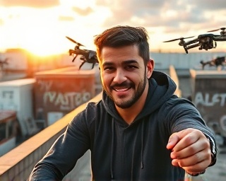 cutting-edge digital branding scene, a charismatic influencer with a confident expression, capturing content, photorealistic, urban rooftop with cityscape backdrop and graffiti walls, highly detailed, drone capturing dynamic movements, 4k resolution, vibrant urban palette, golden hour lighting, shot with a GoPro wide-angle lens.