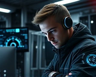 engaging digital strategy development, a technician with a focused expression, troubleshooting an AI system, photorealistic, tech lab with futuristic gadgets and screens, highly detailed, interactive interface animations, 4k resolution, monochrome theme, soft fluorescent lighting, shot with a Sony macro lens.