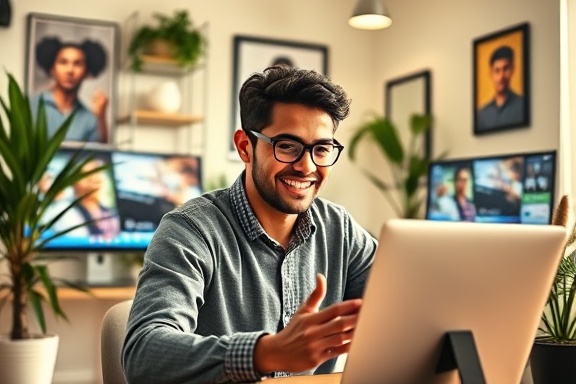 dynamic marketing online session, a young entrepreneur with an enthusiastic expression, engaging in a virtual meeting, photorealistic, home office setup with plants and motivational posters, highly detailed, streaming video displays and social media feeds, 6k resolution, warm inviting colors, morning sunlight, shot with a Canon 35mm lens.