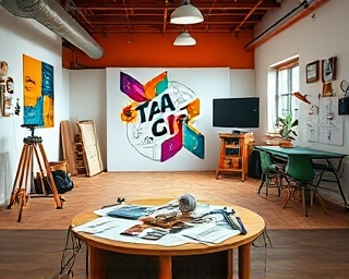 captivating marketing advertising, creative expression, designing ads, photorealistic, a vibrant studio with banners and posters in development, highly detailed, tools and sketches scattered, rich saturation, bright daylight lighting, shot with an 85mm lens.