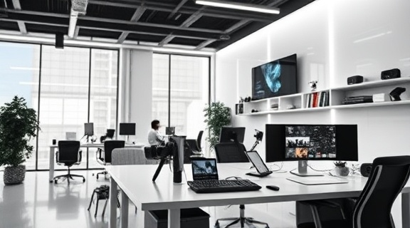 cutting-edge digital branding, visionary expression, transforming brand perception, photorealistic, sleek office space with tech gadgets, highly detailed, innovative ideas, ultra high definition, monochrome tones, artificial lighting, shot with a 24-70mm zoom lens.