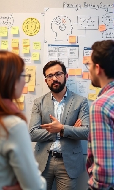 strategic analyst, thoughtful, planning ranking success, photorealistic, brain-storming session, wall of sticky notes and diagrams, highly detailed, colleagues pointing at ideas, pastel color scheme, diffused lighting, shot with a 85mm lens.