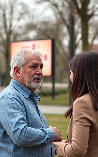 interactive content strategy, insightful expression, developing audience rapport, photorealistic, serene park setting with digital billboard, highly detailed, engaging conversation, immaculate clarity, pastel colors, natural morning light, shot with a 70-200mm telephoto lens.