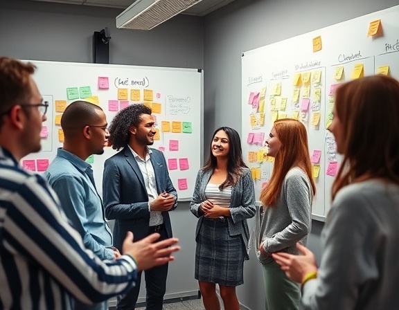 creative creacin ideas, inspired, brainstorming, photorealistic, in a modern office with whiteboards filled with colorful notes, highly detailed, team members discussing passionately, vibrant, soft natural light, shot with a 50mm prime lens.