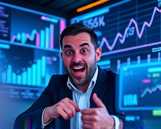 digital marketing digital, excited expression, analyzing data, photorealistic, a futuristic digital workspace with holographic displays, highly detailed, charts and graphs floating in the air, deep contrast, neon colors, ambient LED lighting, shot with a 24mm lens.