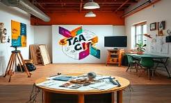 captivating marketing advertising, creative expression, designing ads, photorealistic, a vibrant studio with banners and posters in development, highly detailed, tools and sketches scattered, rich saturation, bright daylight lighting, shot with an 85mm lens.