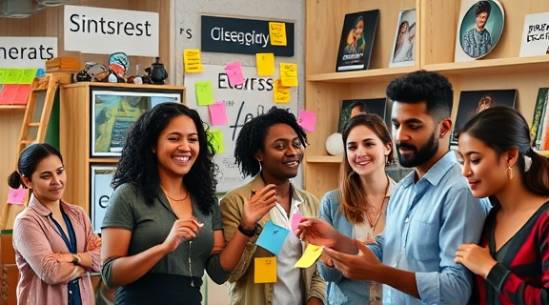 creative digital branding, a marketing team with diverse expressions, brainstorming with sticky notes, photorealistic, colorful co-working space filled with branded merchandise, highly detailed, energetic group dynamics captured, 8k resolution, pastel colors, natural ambient light, shot with a Nikon 35mm lens.