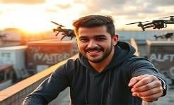 cutting-edge digital branding scene, a charismatic influencer with a confident expression, capturing content, photorealistic, urban rooftop with cityscape backdrop and graffiti walls, highly detailed, drone capturing dynamic movements, 4k resolution, vibrant urban palette, golden hour lighting, shot with a GoPro wide-angle lens.