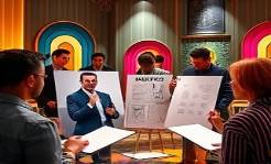 insightful digital advertising moment, a team leader with an inspiring expression, leading a creative session, photorealistic, colorful art-deco style studio with collaboration tools, highly detailed, sketches and mockups displayed, 8k resolution, complementary colors, overhead spotlight, shot with a Nikon 50mm lens.