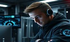 engaging digital strategy development, a technician with a focused expression, troubleshooting an AI system, photorealistic, tech lab with futuristic gadgets and screens, highly detailed, interactive interface animations, 4k resolution, monochrome theme, soft fluorescent lighting, shot with a Sony macro lens.