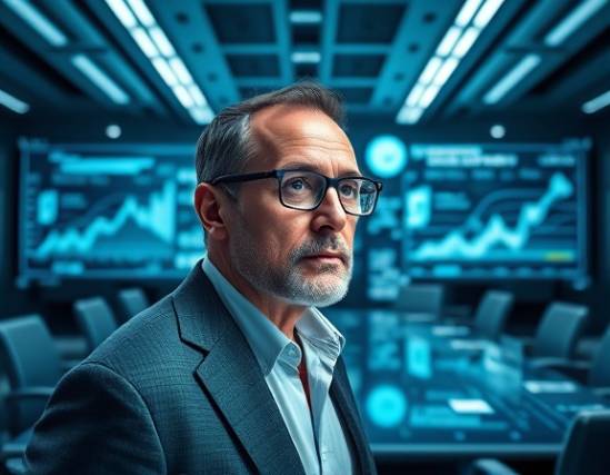 futuristic digital strategy, a visionary leader with a determined expression, visualizing market trends, photorealistic, high-tech conference room with holographic displays, highly detailed, data projections floating around, 8k resolution, cool tones, LED ambient lighting, shot with a Panasonic 50mm lens.